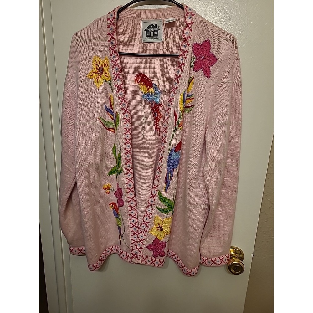 Storybook Sweater Womens Medium Pink Parrots Tropical Cardigan Floral - Picture 2 of 7